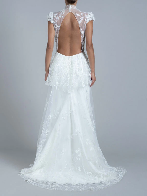 Simple Mermaid Causal Wedding Dress High Collar Short Sleeves Lace A-Line Bridal Dresses Free Customization - Image 2