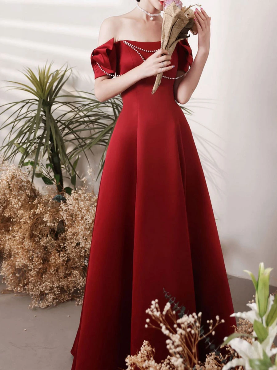 Prom Dress 2023 A-Line Bateau Neck Satin Fabric Floor-Length Bows Party Dresses