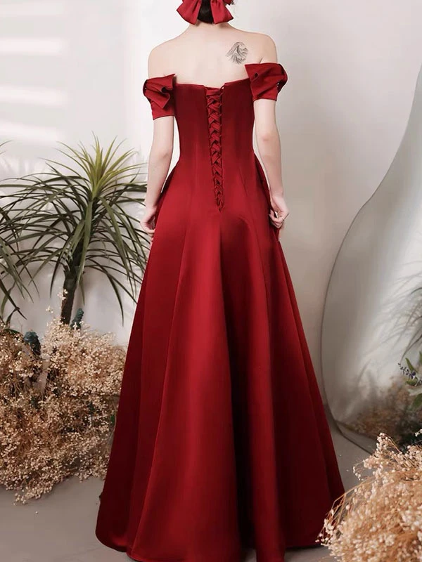 Prom Dress 2023 A-Line Bateau Neck Satin Fabric Floor-Length Bows Party Dresses - Image 3