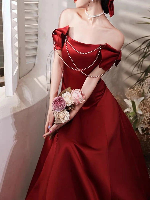 Prom Dress 2023 A-Line Bateau Neck Satin Fabric Floor-Length Bows Party Dresses - Image 2