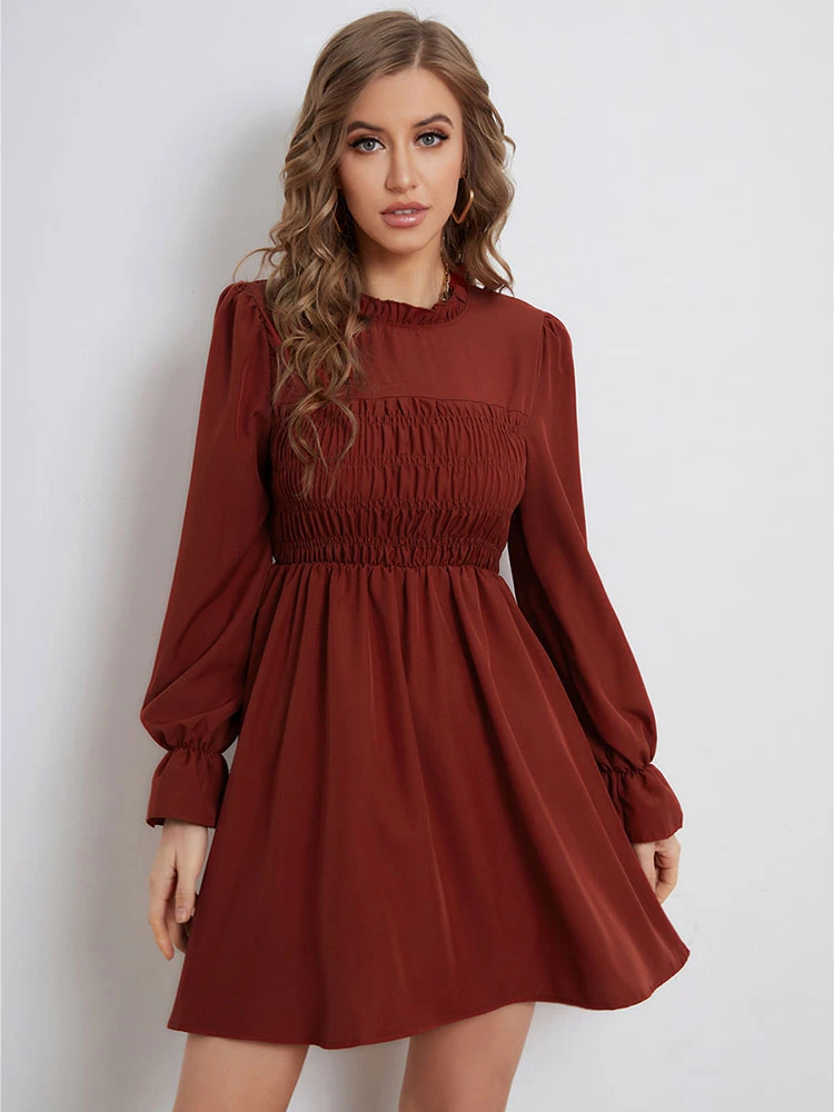 Vintage Dress 1950s High Collar Long Sleeves Women Knee Length Rockabilly Dress