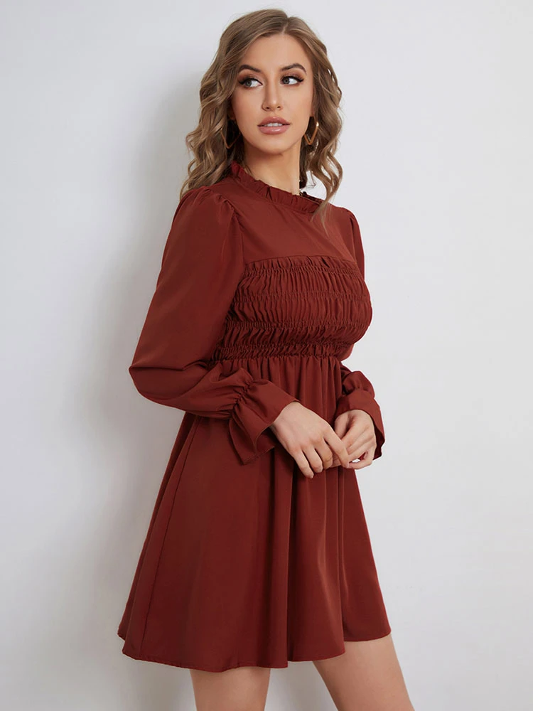 Vintage Dress 1950s High Collar Long Sleeves Women Knee Length Rockabilly Dress - Image 3