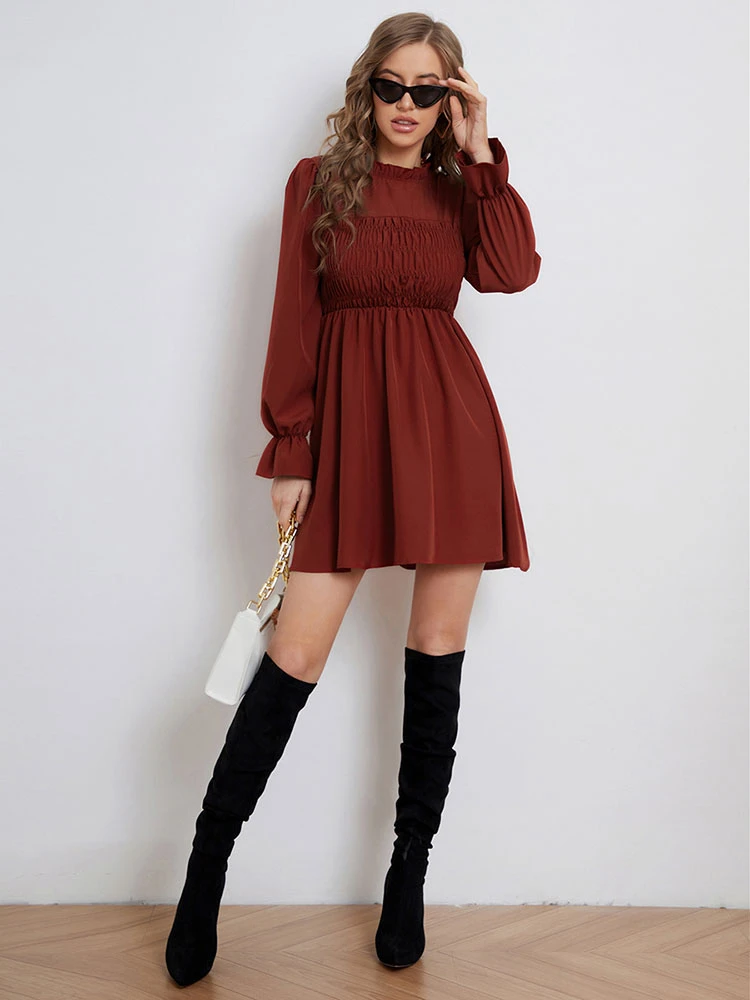 Vintage Dress 1950s High Collar Long Sleeves Women Knee Length Rockabilly Dress - Image 6