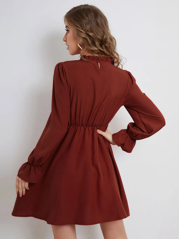 Vintage Dress 1950s High Collar Long Sleeves Women Knee Length Rockabilly Dress - Image 2