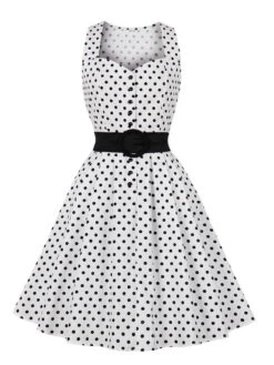Vintage Dress 1950s Audrey Hepburn Style White Polka Dot Women Sleeveless Rockabilly Dress