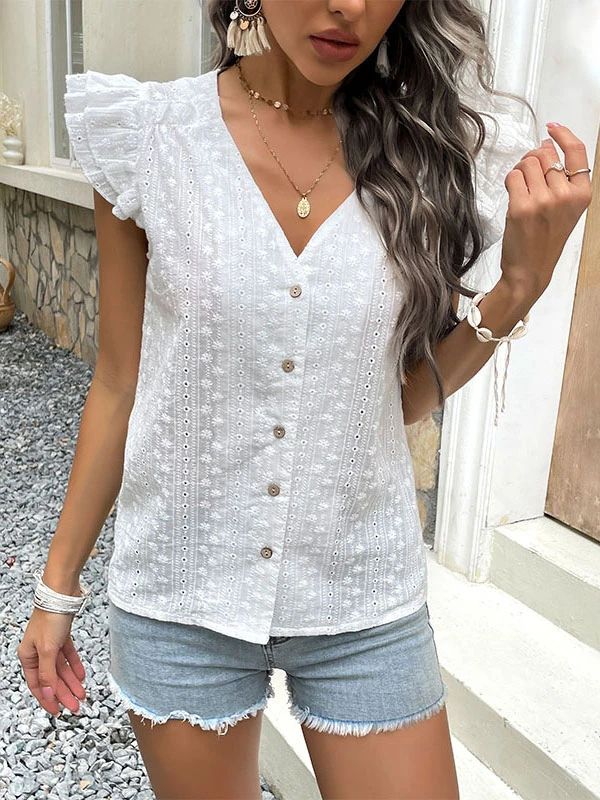 Shirt For Women White Tatting V-Neck Classic Sleeveless Tops - Image 4