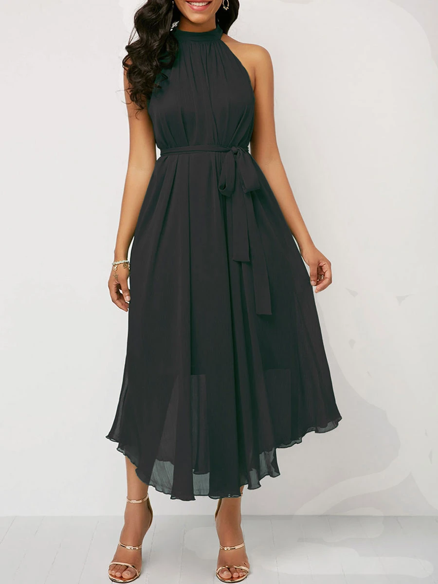 Jewel Neck Maxi Dress Short Sleeves Long Dress - Image 3
