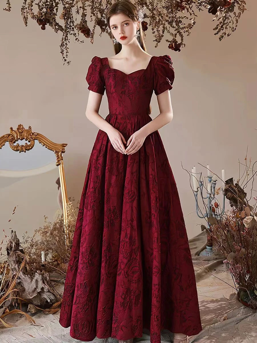 Evening Dress A-Line Sweetheart Neck Floor-Length Short Sleeves Lace-Up Jacquard Formal Dinner Dresses Free Customization