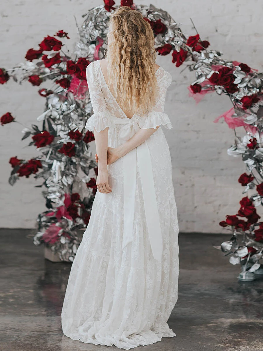 Ivory Boho Wedding Dress Lace A-Line With Train Backless Half Sleeves V-Neck Bridal Dresses Free Customization - Image 2
