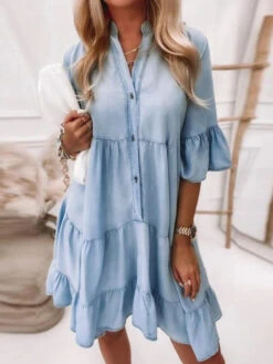 Shift Dresses Light Sky Blue Turndown Collar Denim Layered Woman Tube Dress