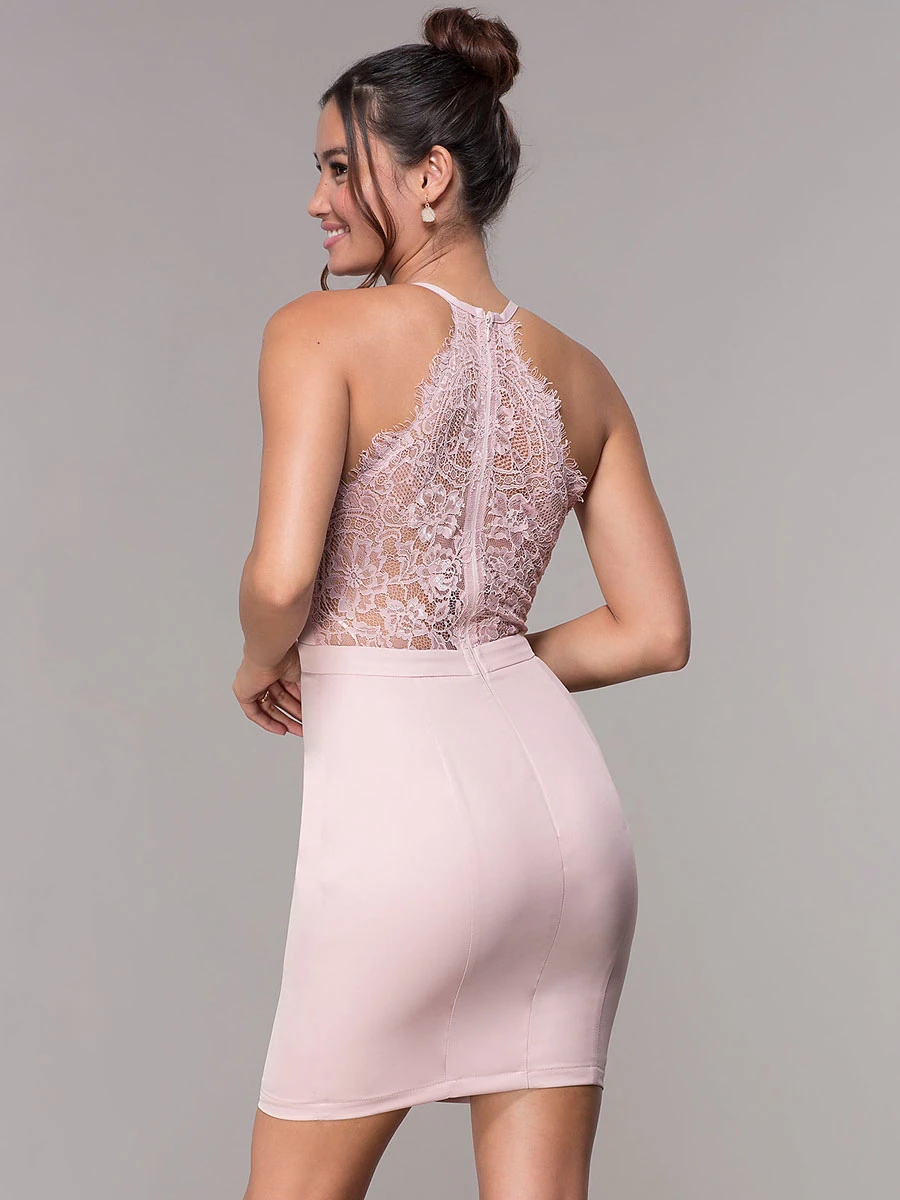 Pink Homecoming Dress 2023 Short V-Neck Lace Hollow Out Back Design Tight Graduation Party Outfits Free Customization - Image 2