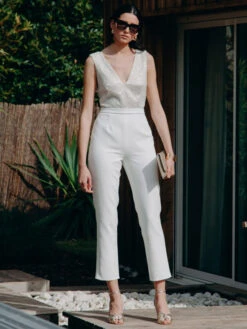 Ivory Bridal Jumpsuit Ankle-Length A-Line V-Neck Sleeveless Bridal Jumpsuit Free Customization