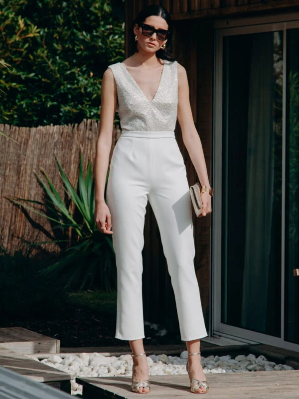 Ivory Bridal Jumpsuit Ankle-Length A-Line V-Neck Sleeveless Bridal Jumpsuit Free Customization