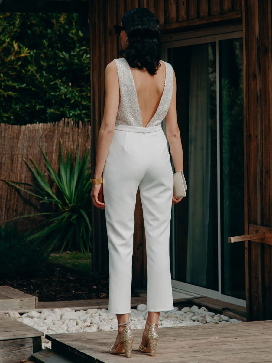 Ivory Bridal Jumpsuit Ankle-Length A-Line V-Neck Sleeveless Bridal Jumpsuit Free Customization - Image 3