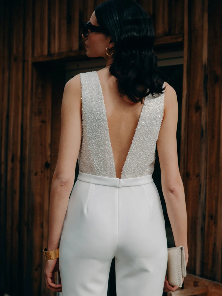 Ivory Bridal Jumpsuit Ankle-Length A-Line V-Neck Sleeveless Bridal Jumpsuit Free Customization - Image 4