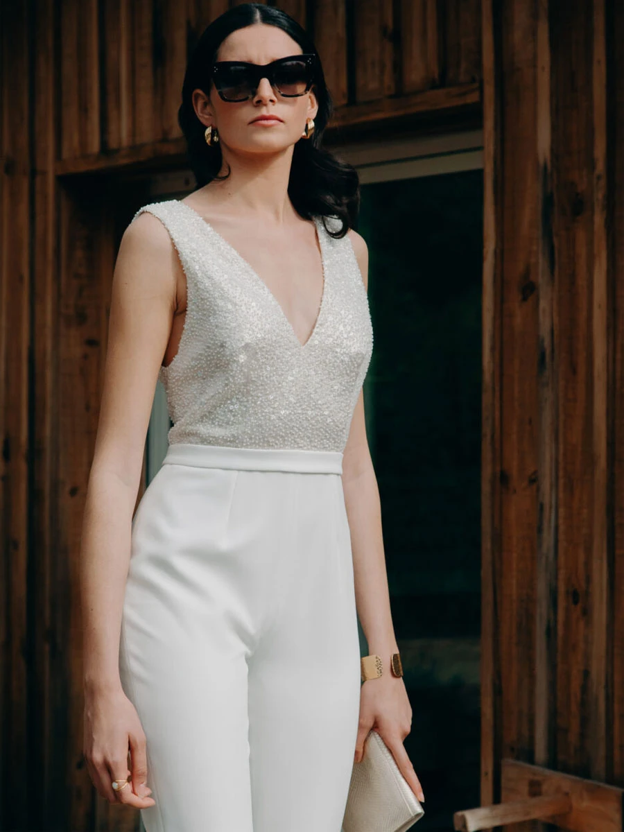 Ivory Bridal Jumpsuit Ankle-Length A-Line V-Neck Sleeveless Bridal Jumpsuit Free Customization - Image 2