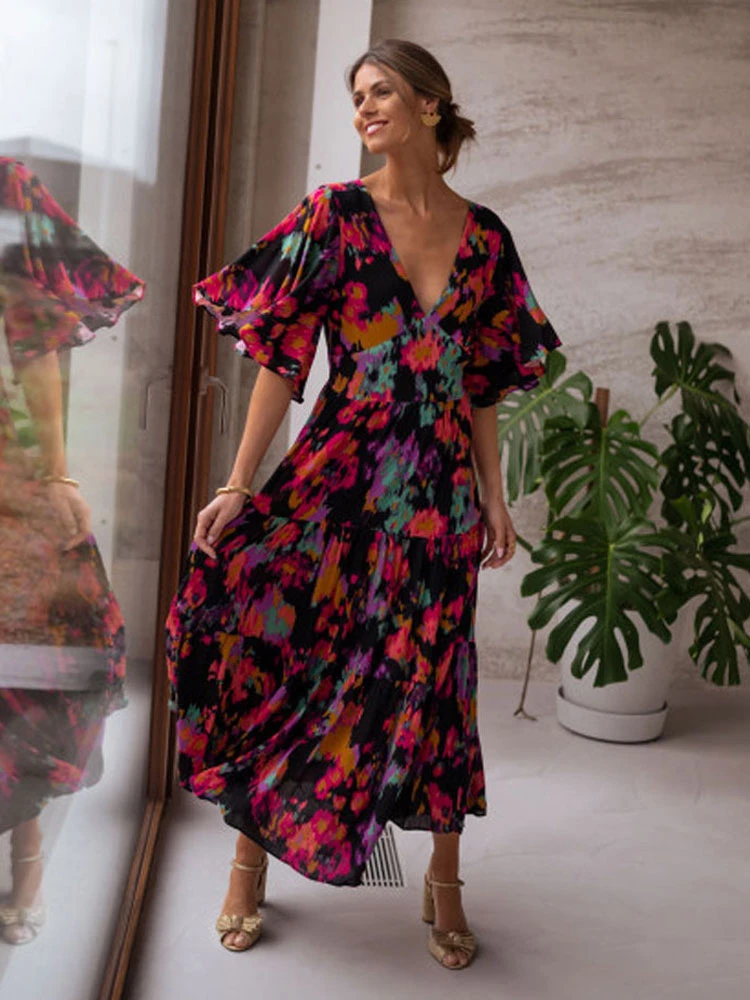 Birthday Summer Dress Black V-Neck Ruffles Printed Beach Dress - Image 5