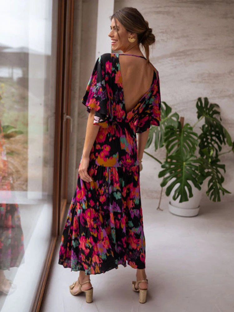 Birthday Summer Dress Black V-Neck Ruffles Printed Beach Dress - Image 2