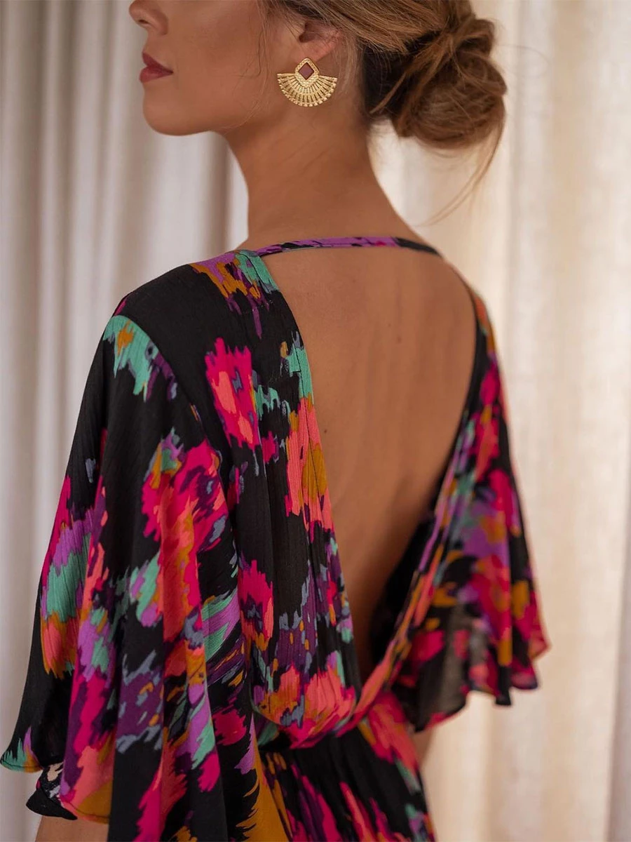 Birthday Summer Dress Black V-Neck Ruffles Printed Beach Dress - Image 6