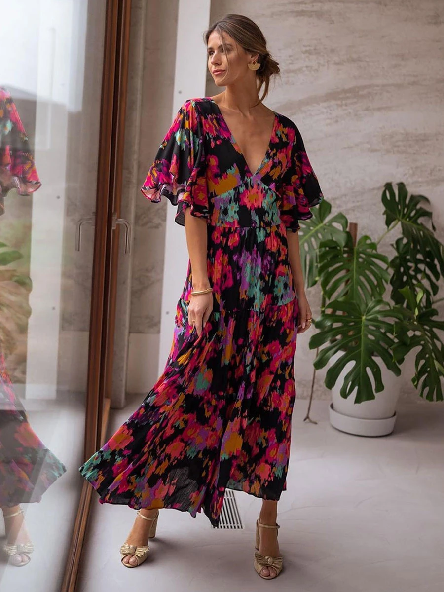 Birthday Summer Dress Black V-Neck Ruffles Printed Beach Dress