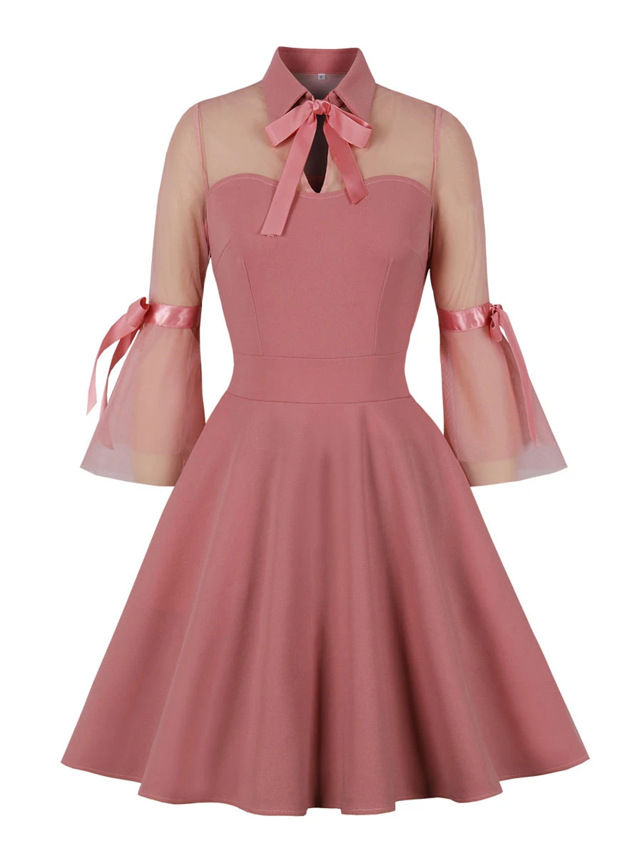 Retro Dress 1950s Audrey Hepburn Style Pink Color Block Woman's 3/4 Length Sleeves Rockabilly Dress