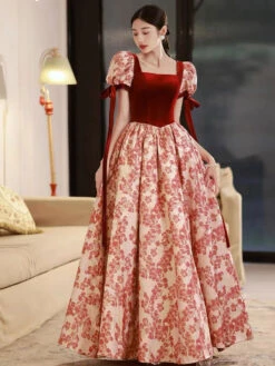 Evening Dress A-Line Square Neck Floor-Length Short Sleeves Lace-up Bows Velour Social Party Dresses