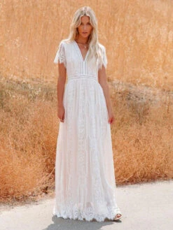 V-Neck Maxi Dress Half Sleeves Lace Bohemian Floor Length Dress