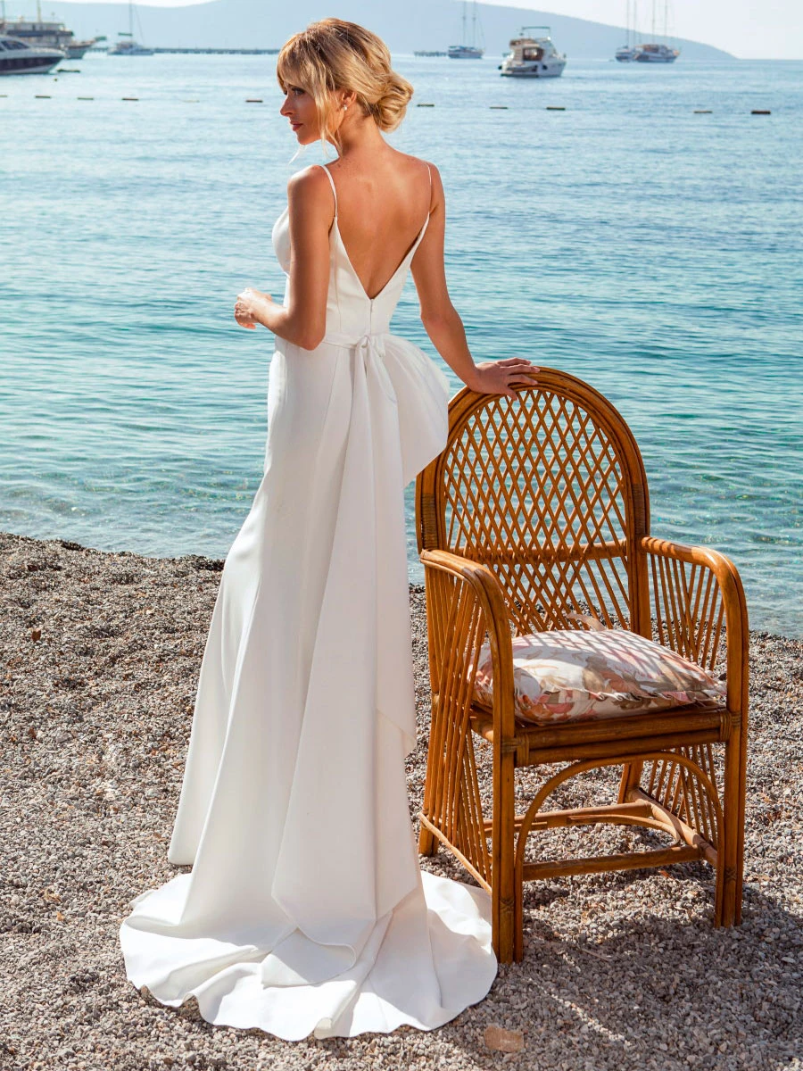 Wedding Dress V-Neck Sleeveless Bows With Train Bridal Gowns Free Customization - Image 2