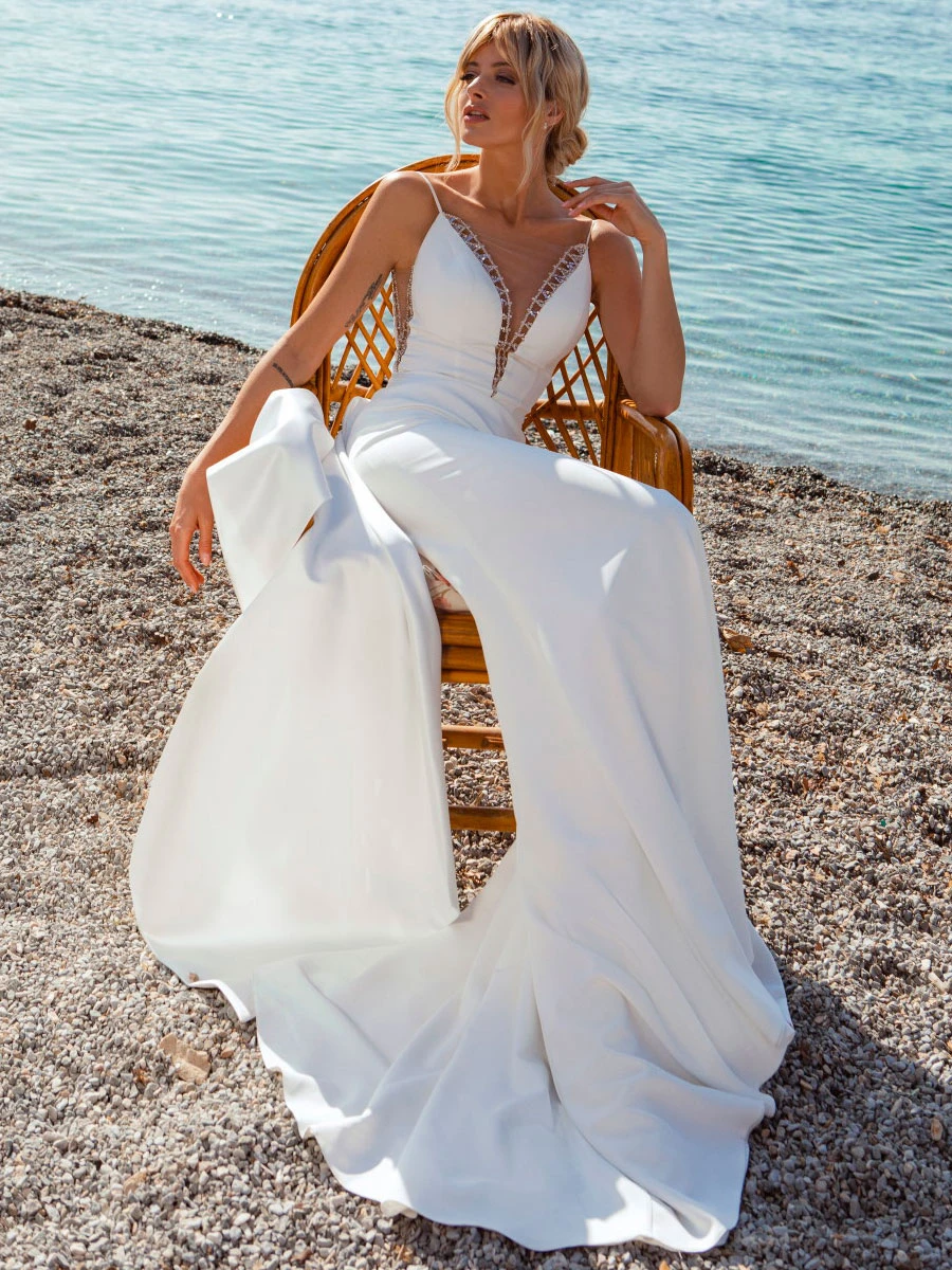 Wedding Dress V-Neck Sleeveless Bows With Train Bridal Gowns Free Customization - Image 3