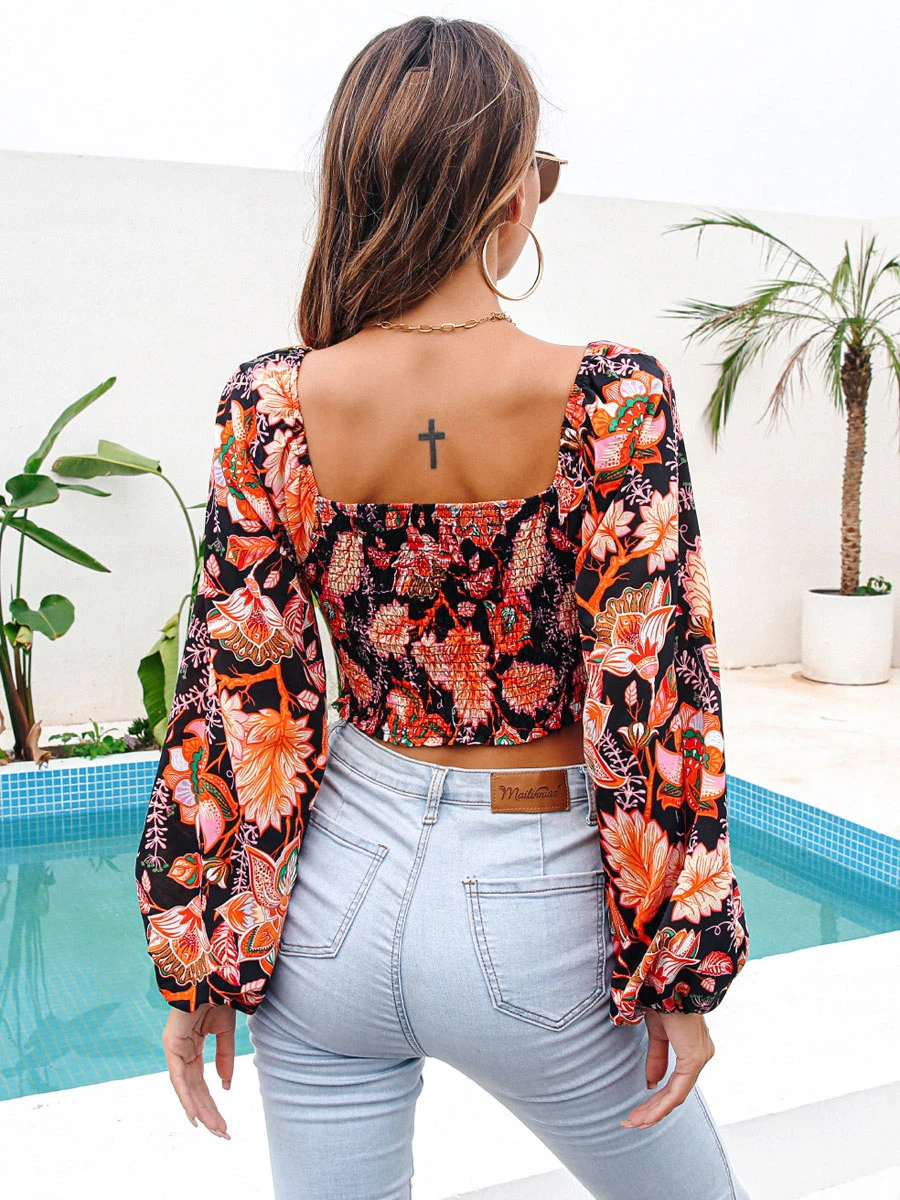 Shirt For Women Red Floral Print V-Neck Sexy Long Sleeves Tops - Image 8