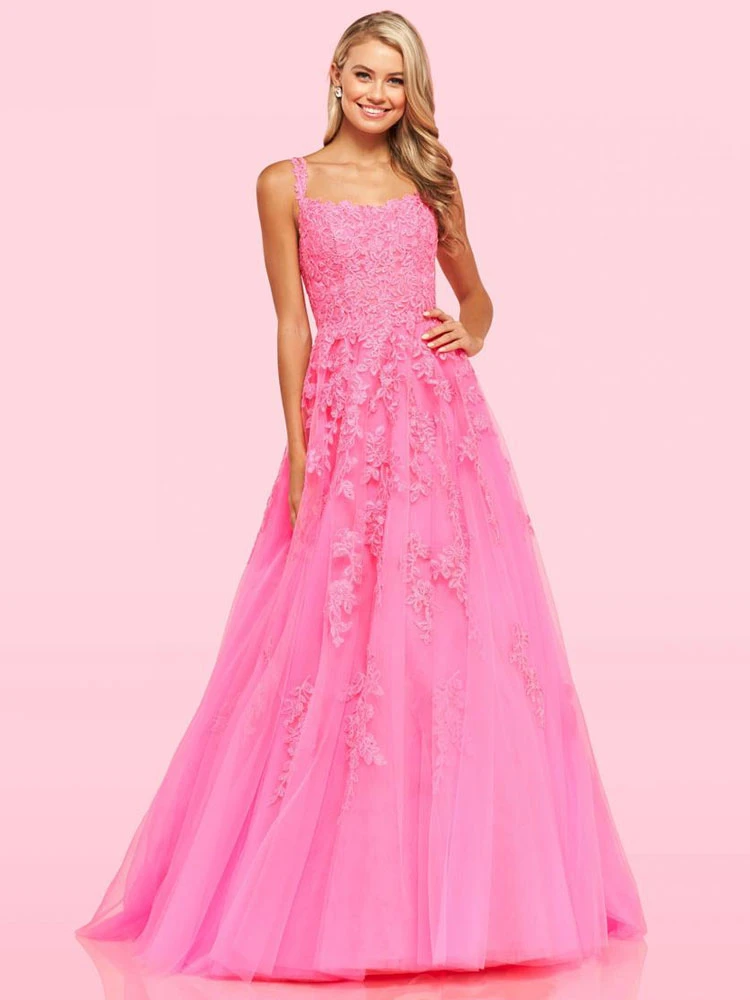 Pink Prom Dress 2023 Square Neck A-Line Sleeveless Lace Wedding Guest Dresses Free Customization