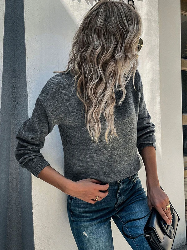 Women Pullover Sweater Deep Gray Jewel Neck Long Sleeves Sweaters - Image 3