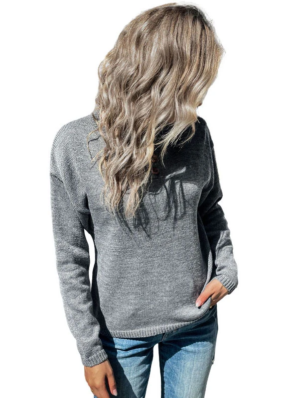 Women Pullover Sweater Deep Gray Jewel Neck Long Sleeves Sweaters - Image 7