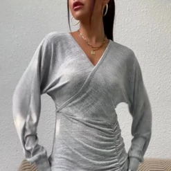 Bodycon Dresses Light Gray V-Neck Sexy Long Sleeves Pencil Dress