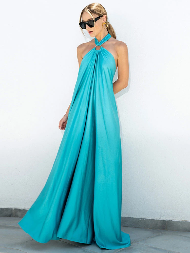 Party Dresses Blue Halter Pleated Sleeveless Backless Semi Formal Dress - Image 3