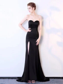 Black Evening Dress Mermaid Sweetheart Neck With Train Sleeveless Backless Split Front Formal Dinner Dresses
