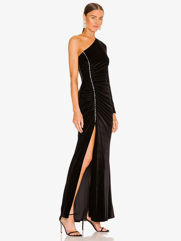 Black Evening Dress Mermaid One-Shoulder Ankle-Length Split Front Formal Party Dresses - Image 2
