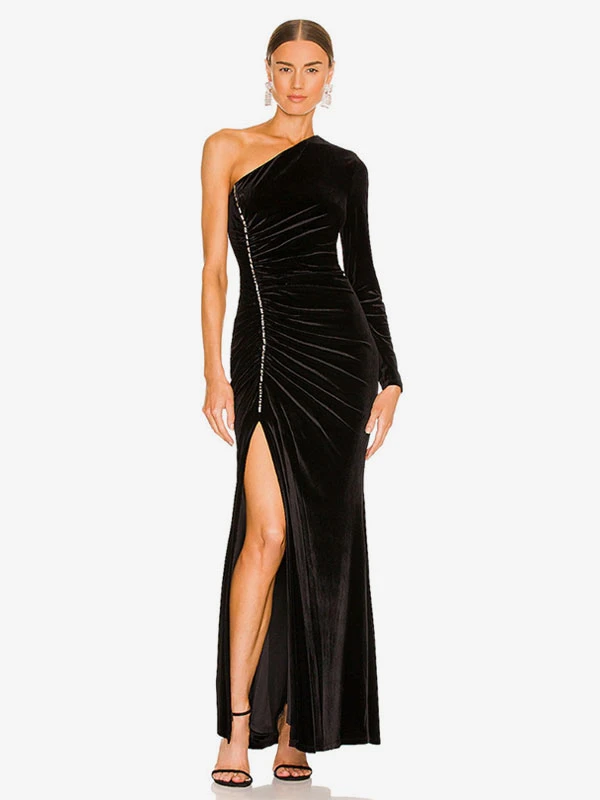 Black Evening Dress Mermaid One-Shoulder Ankle-Length Split Front Formal Party Dresses