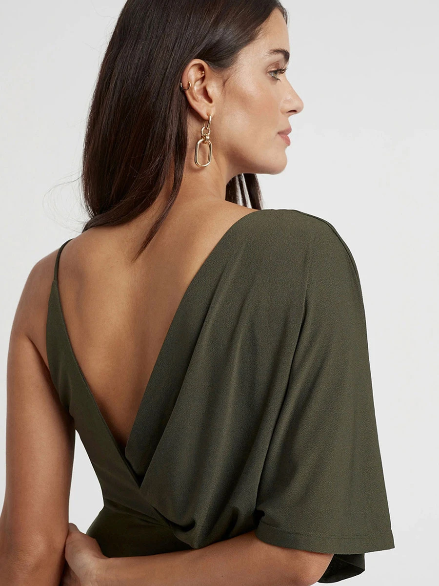 Olive Green Evening Dress Sheath V-Neck Ankle-Length Short Sleeves Backless Split Front Social Party Dresses - Image 3