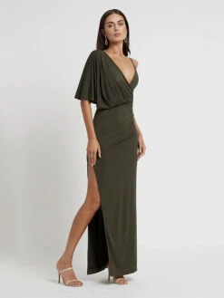 Olive Green Evening Dress Sheath V-Neck Ankle-Length Short Sleeves Backless Split Front Social Party Dresses