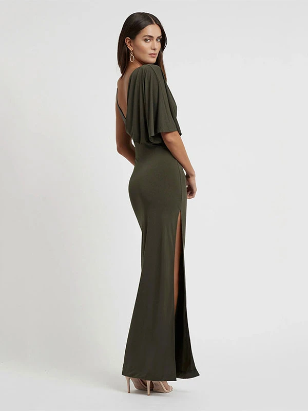 Olive Green Evening Dress Sheath V-Neck Ankle-Length Short Sleeves Backless Split Front Social Party Dresses - Image 2