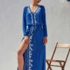 Boho Dress Light Sky Blue V-Neck Long Sleeves High Split Embroidered Bohemian Gypsy Beach Vacation Spring Summer Long Dress For Women