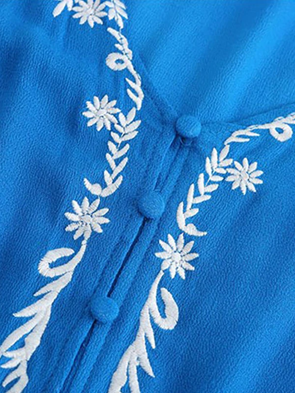 Boho Dress Light Sky Blue V-Neck Long Sleeves High Split Embroidered Bohemian Gypsy Beach Vacation Spring Summer Long Dress For Women - Image 3