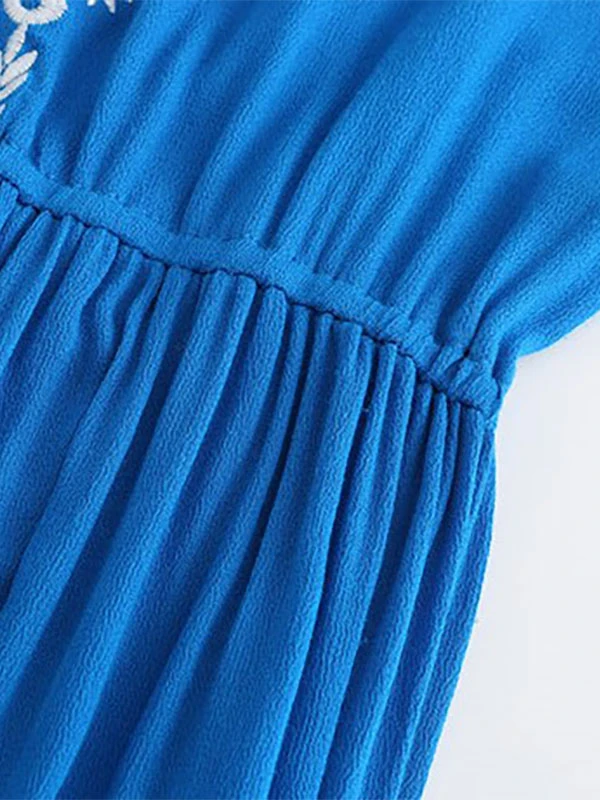 Boho Dress Light Sky Blue V-Neck Long Sleeves High Split Embroidered Bohemian Gypsy Beach Vacation Spring Summer Long Dress For Women - Image 4