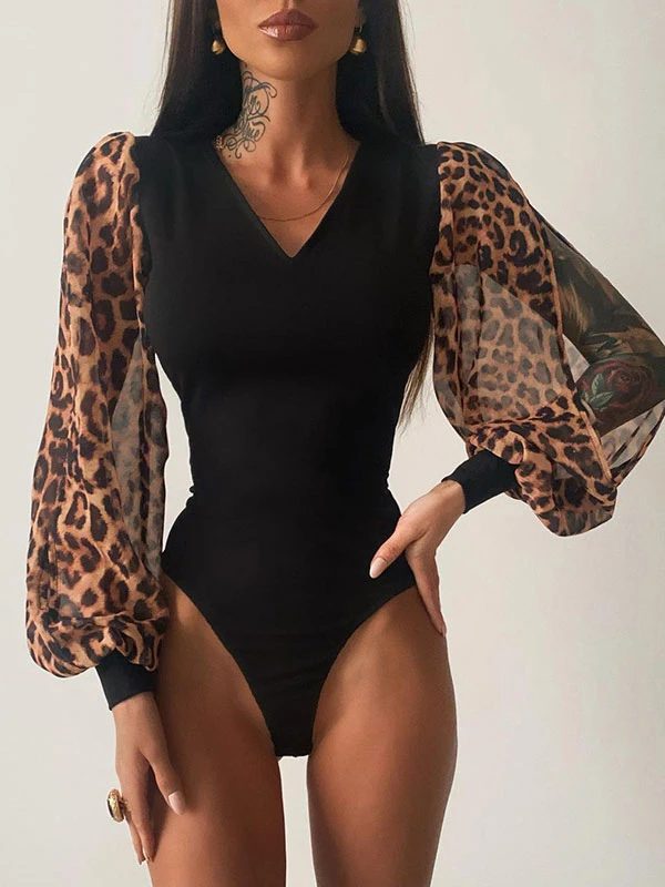 Black Leopard Print Jumpsuits V-Neck Long Sleeves Summer Playsuit - Image 4