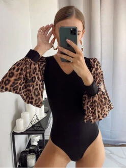 Black Leopard Print Jumpsuits V-Neck Long Sleeves Summer Playsuit