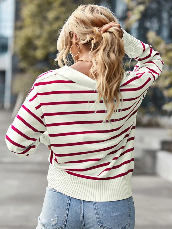 Women Pullover Sweater Burgundy Stripes Turndown Collar Long Sleeves Sweaters - Image 2