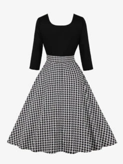 Retro Dress 1950s Audrey Hepburn Style Long Sleeves Woman's Knee Length Plaid Rockabilly Dress
