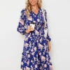 Floral Print Casual V-Neck Long Sleeves Midi Dress