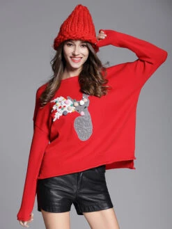 Christmas 2023 Pullover Sweater Red Knit Tops For Women